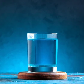 side-view-still-water-glass-wooden-cutting-board-blue-background